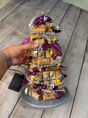 Hand-Crafted Wine Cork Christmas Tree with Warm White LED Lights Purple Accents